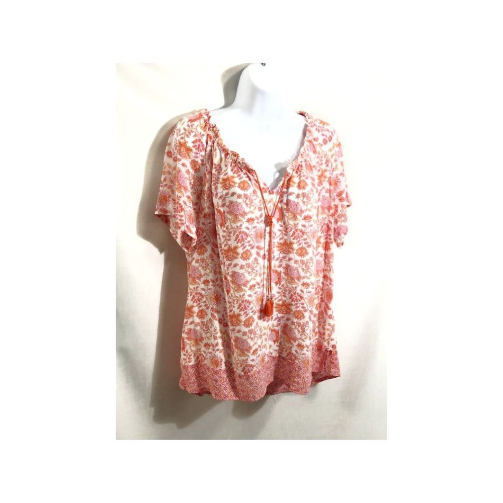 J. Jill Boho Peasant Tunic Top Size L  Large Pink Orange Floral Print - Picture 2 of 10